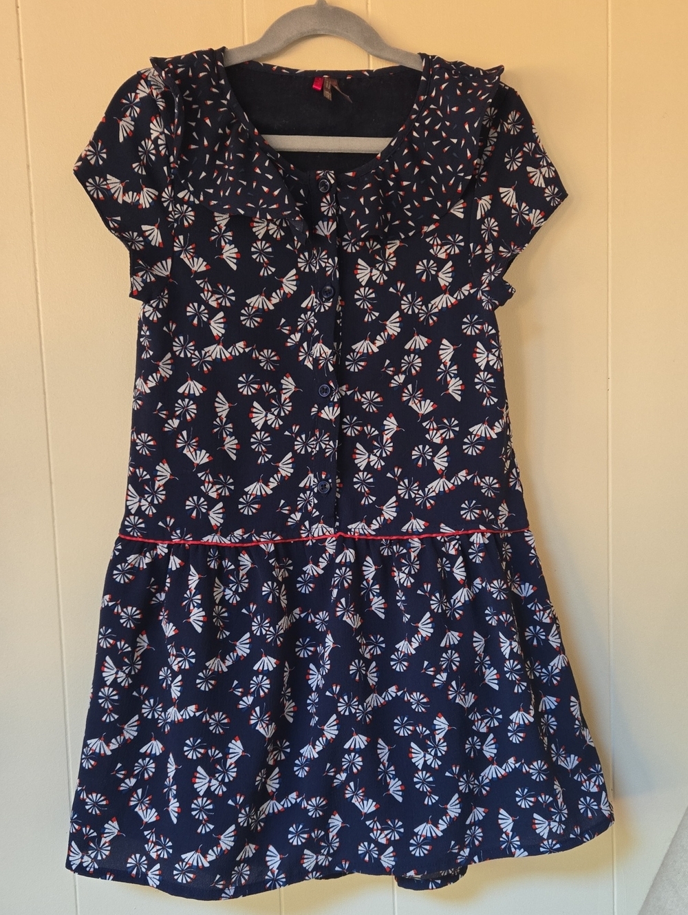 ORCHESTRA LOVELY GIRL Navy Floral Print Cotton Dress with Red Trim